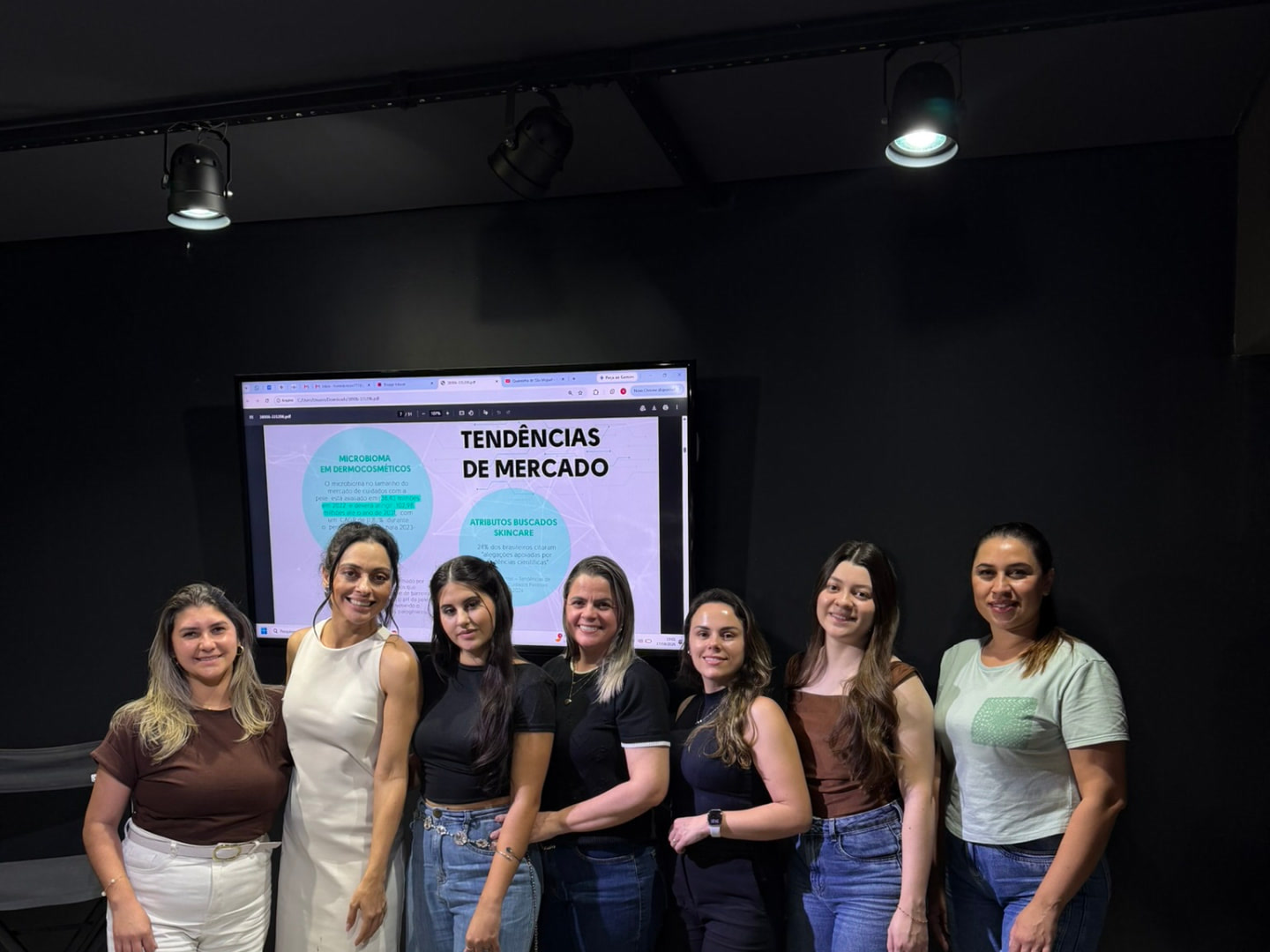 Alunas do curso posando em sala de aula, em frente à tela com a apresentação Tendências de Mercado