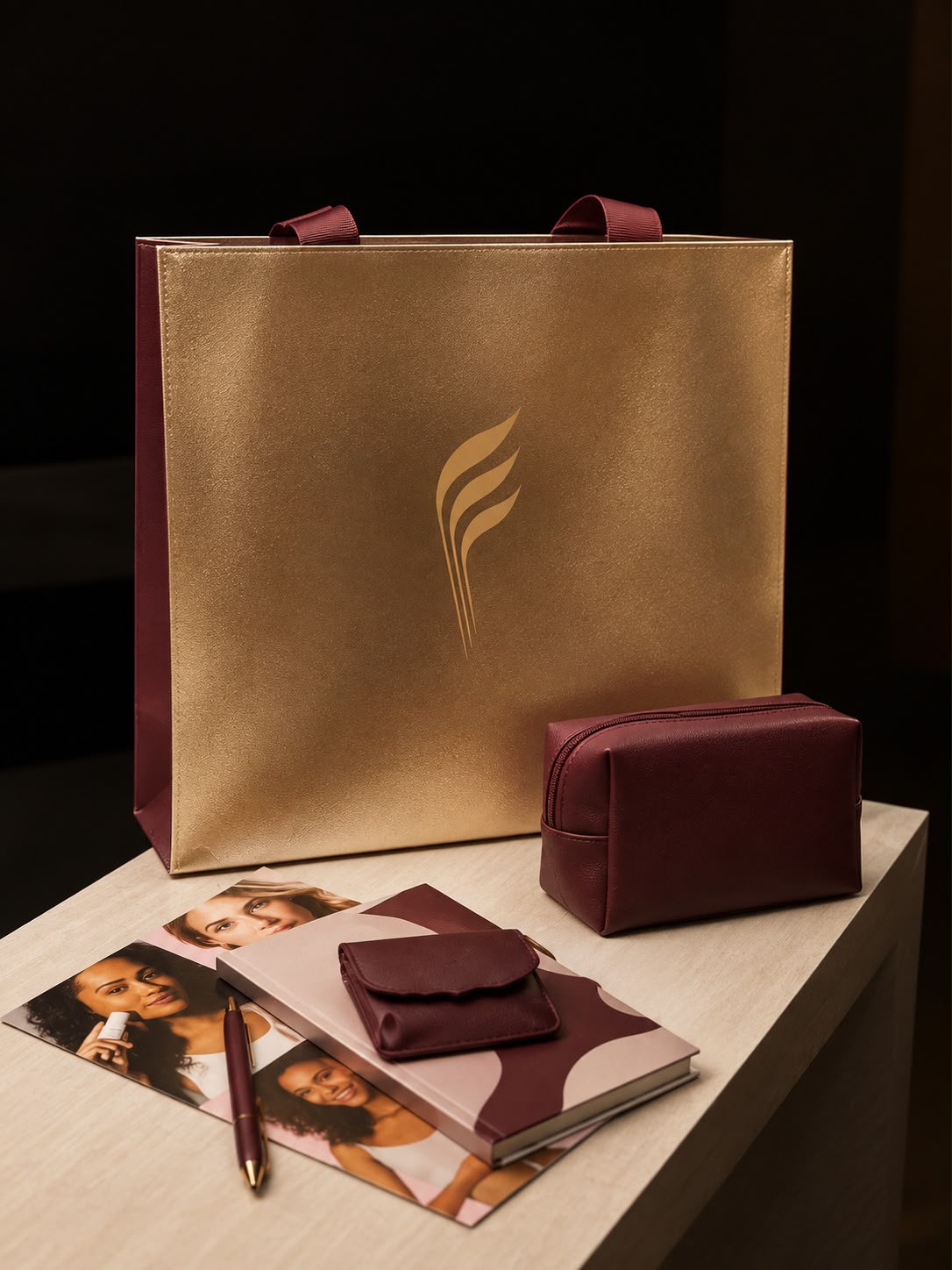Kit de brinde entregue às alunas: bolsa dourada, nécessaire, caderno e caneta